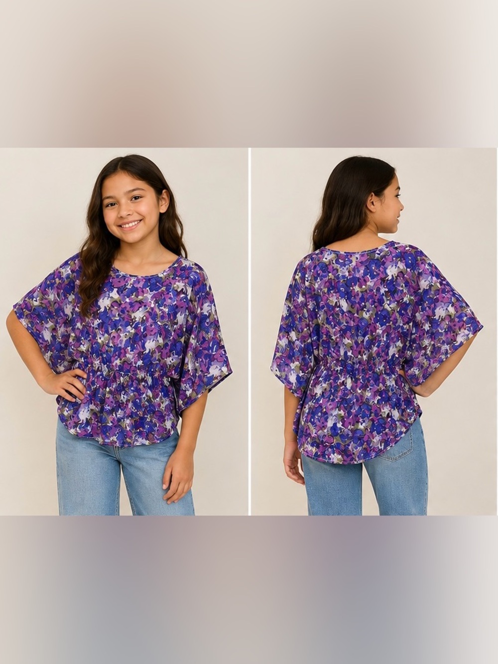 Beautees Girls Size L Purple Floral Batwing Blouse